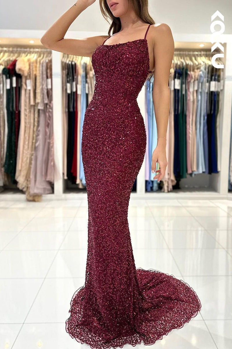 L1773 - Spaghetti Straps Sequined Sheath Long Prom Evening Gown