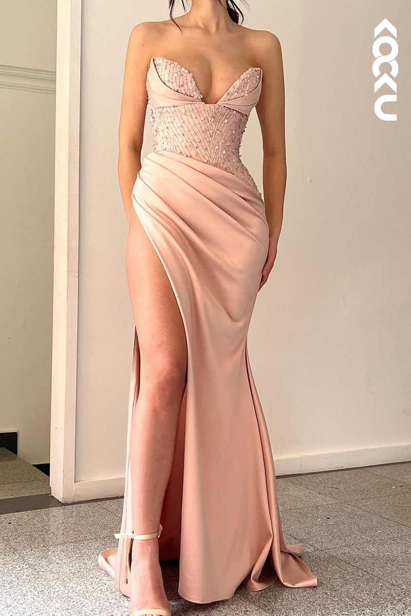 L1774 - Sweetheart Strapless Sequined Ruched Sheath Long Prom Gown
