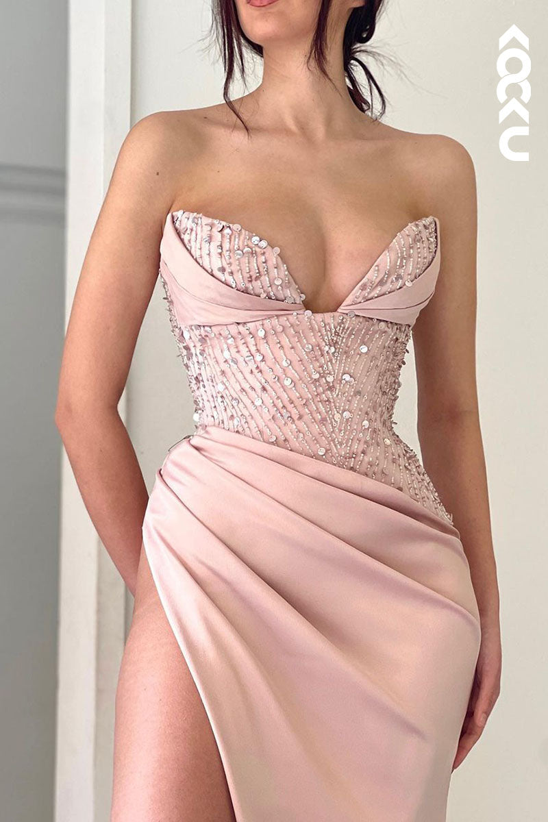 L1774 - Sweetheart Strapless Sequined Ruched Sheath Long Prom Gown