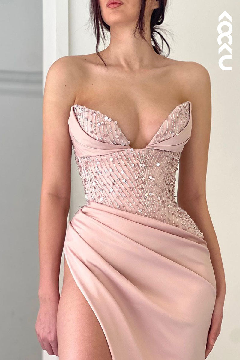 L1774 - Sweetheart Strapless Sequined Ruched Sheath Long Prom Gown