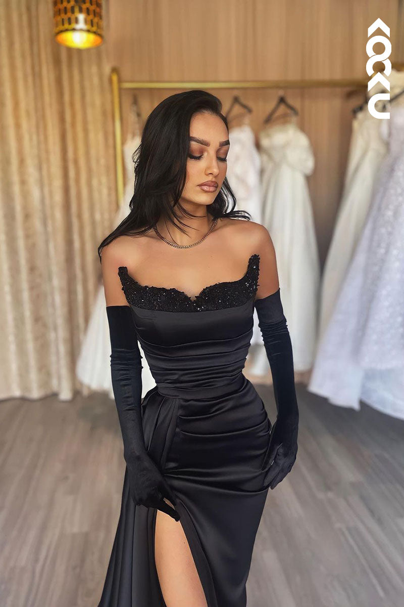 L1780 - Strapless Sequined Ruched Satin Sheath Long Prom Evening Gown