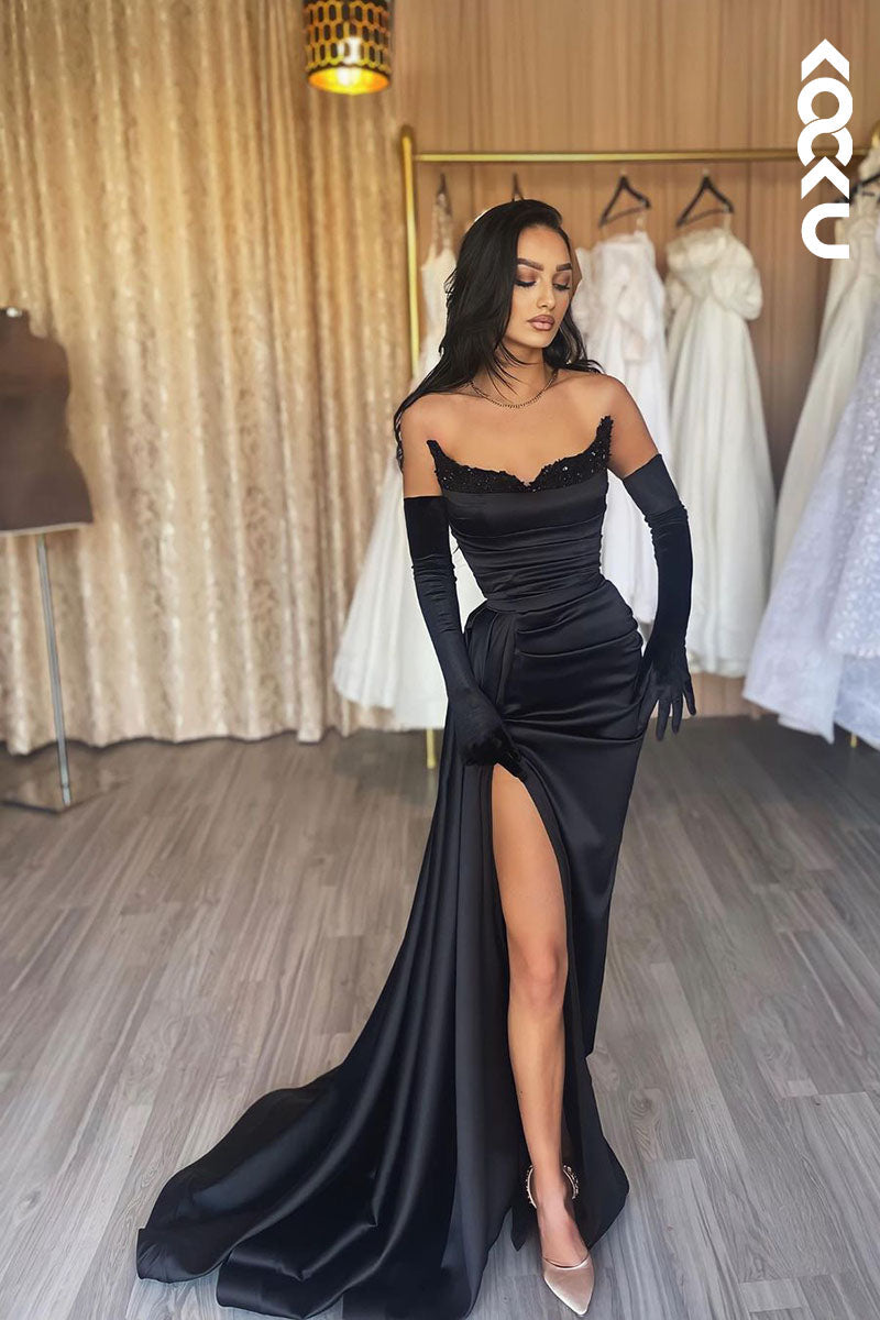 L1780 - Strapless Sequined Ruched Satin Sheath Long Prom Evening Gown