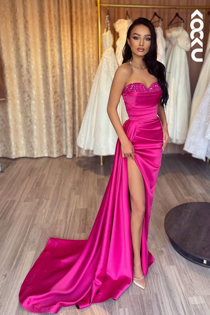 L1781 - Sweetheart Strapless Sequined Ruched Sheath Long Prom Evening Gown