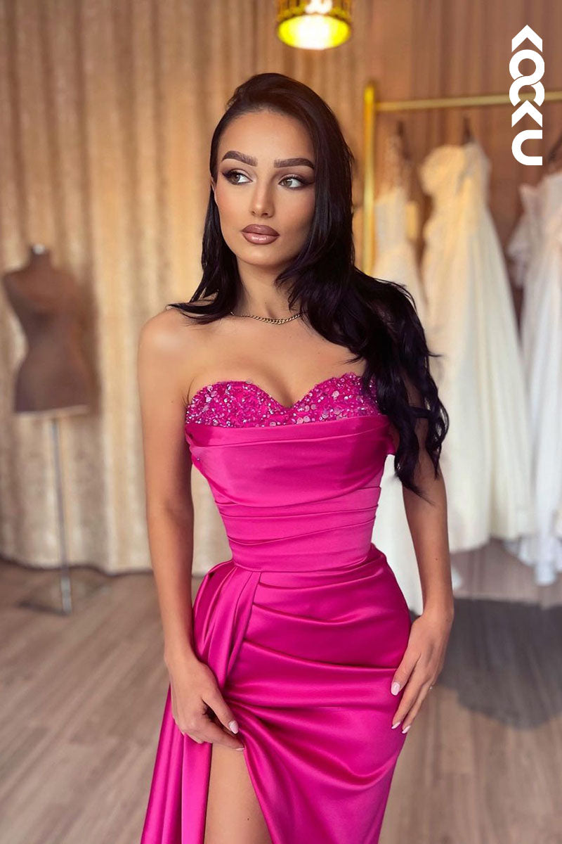 L1781 - Sweetheart Strapless Sequined Ruched Sheath Long Prom Evening Gown