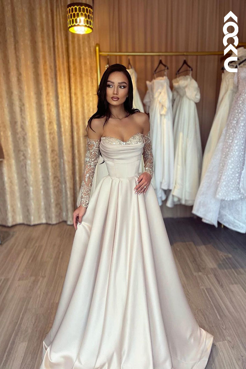 L1782 - Sweetheart Strapless Long Sleeves A-Line Long Prom Evening Gown