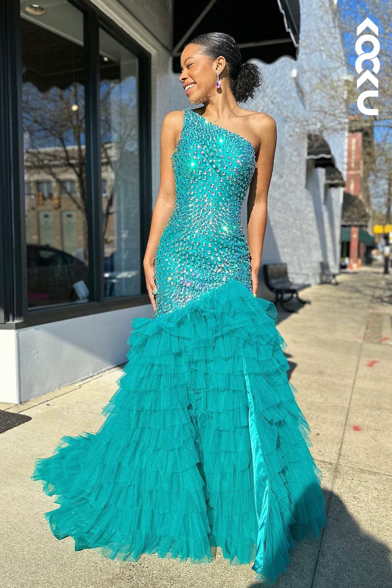 L1783 - One Shoulder Beaded Tulle Mermaid Long Prom Gown With Slit
