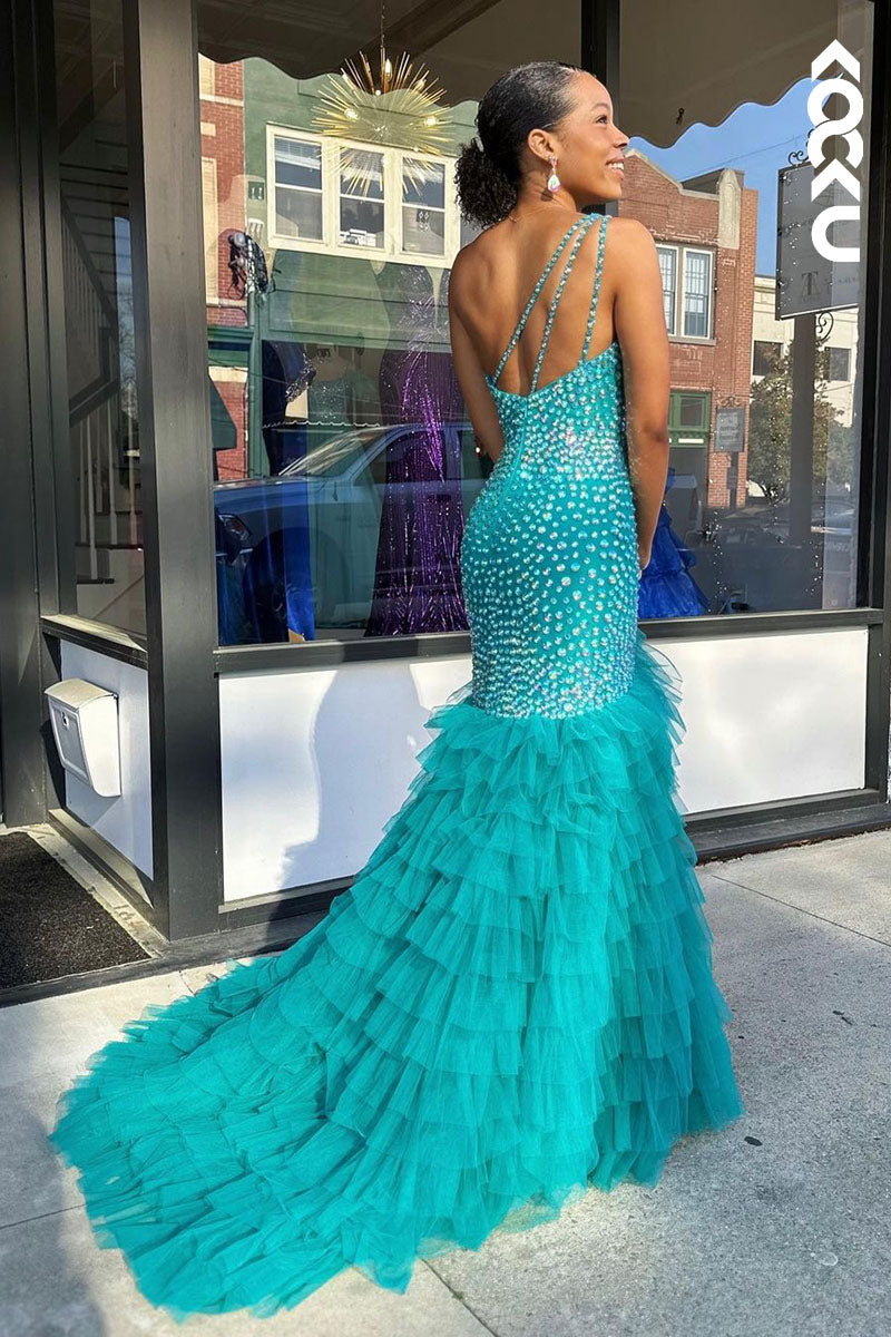 L1783 - One Shoulder Beaded Tulle Mermaid Long Prom Gown With Slit