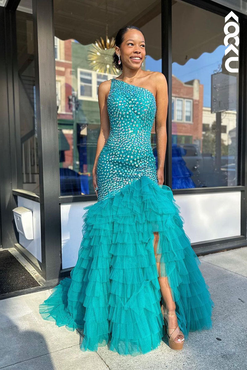 L1783 - One Shoulder Beaded Tulle Mermaid Long Prom Gown With Slit