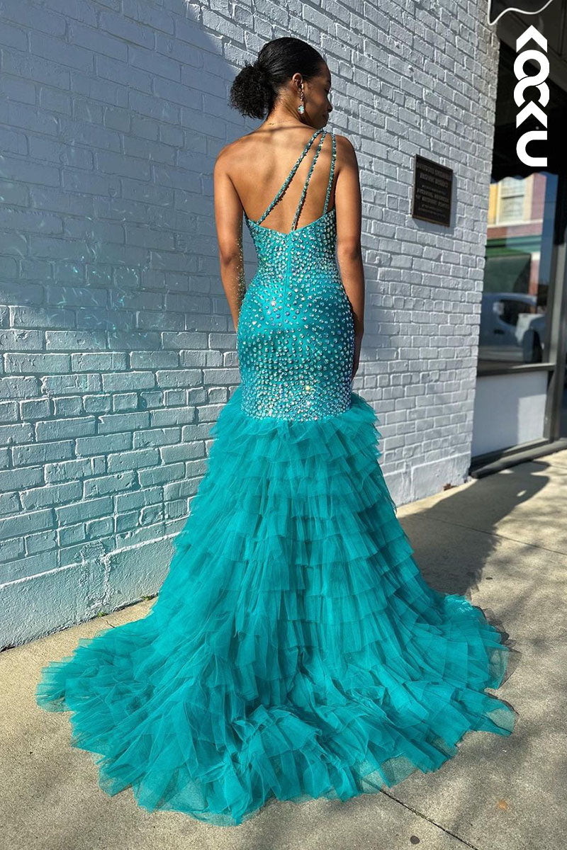 L1783 - One Shoulder Beaded Tulle Mermaid Long Prom Gown With Slit