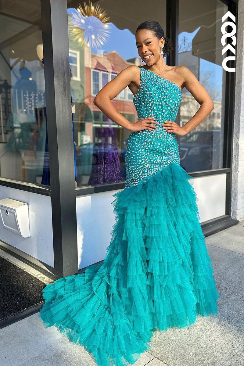 L1783 - One Shoulder Beaded Tulle Mermaid Long Prom Gown With Slit