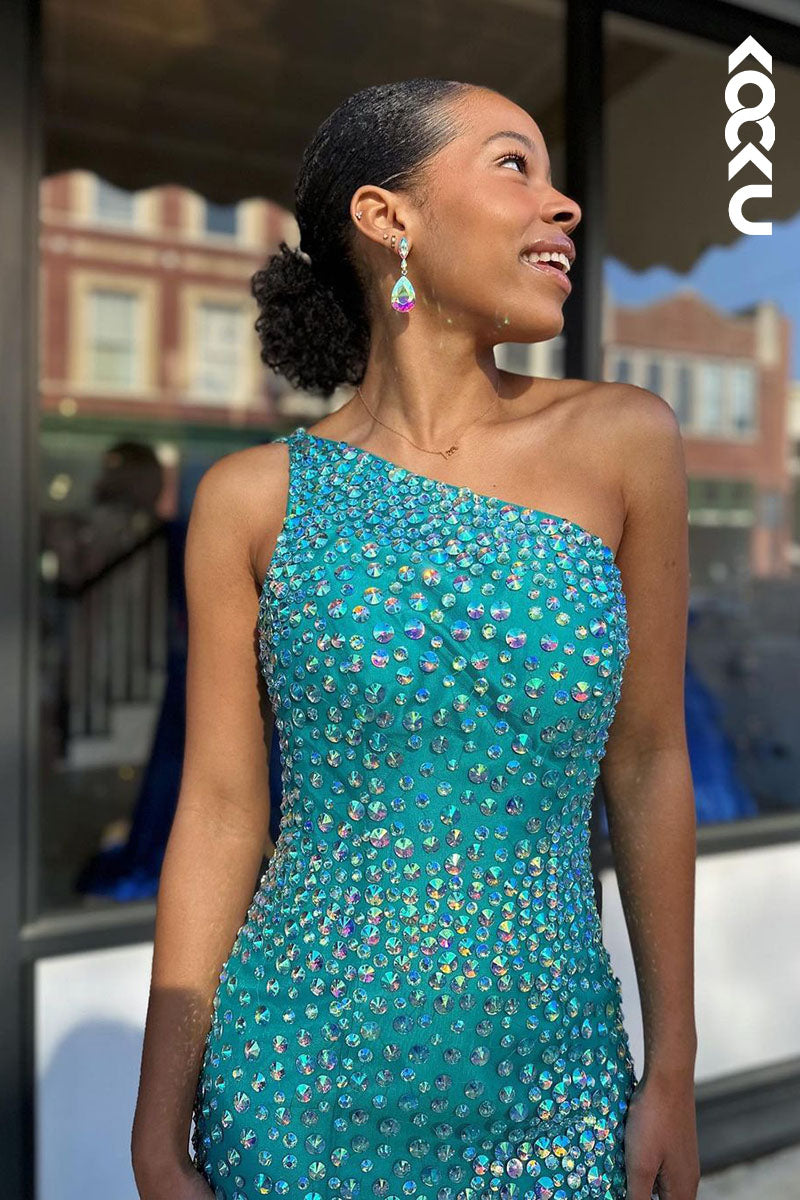 L1783 - One Shoulder Beaded Tulle Mermaid Long Prom Gown With Slit