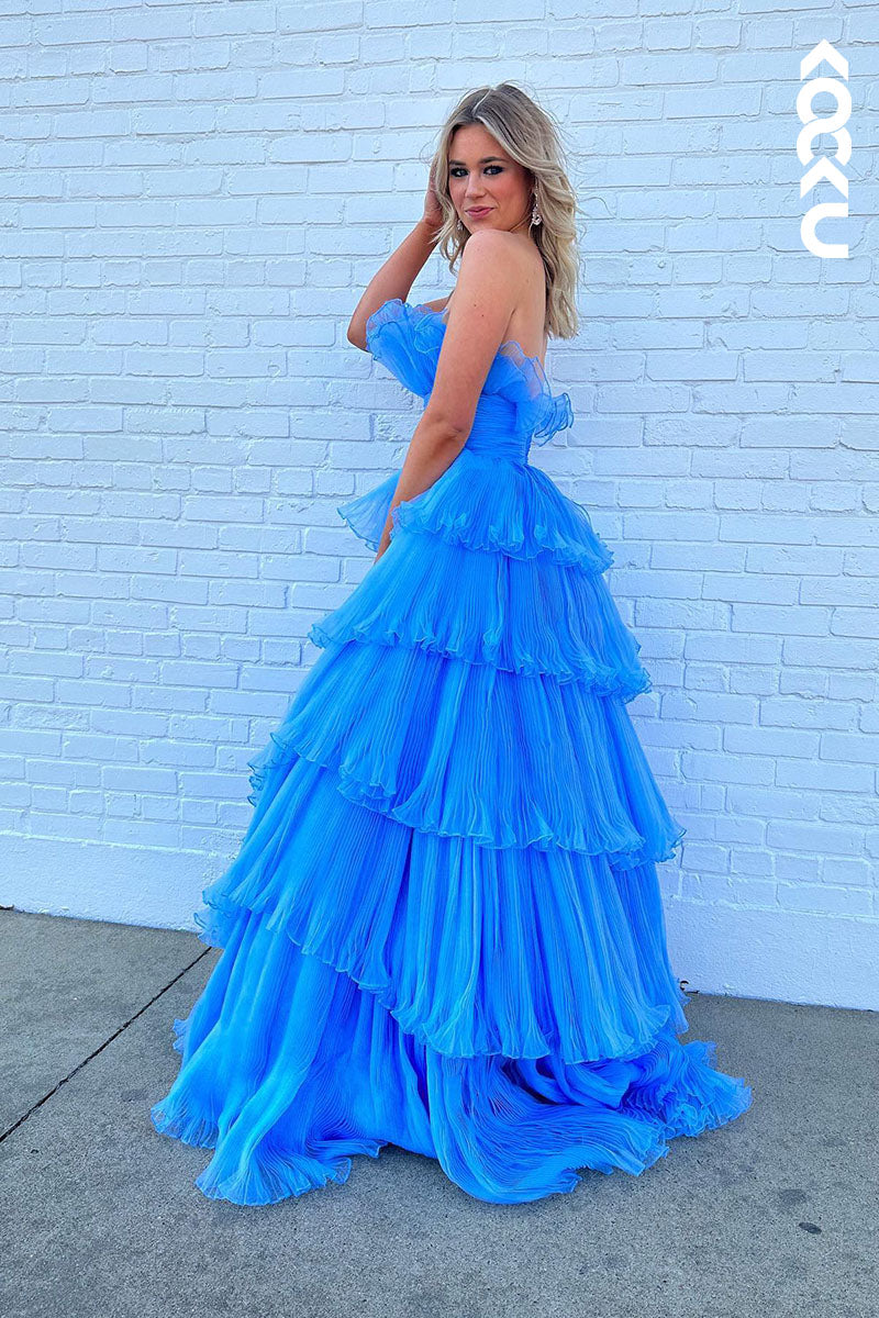 L1784 - Strapless Ruched Tulle A-Line Long Prom Gown With Sweep Train