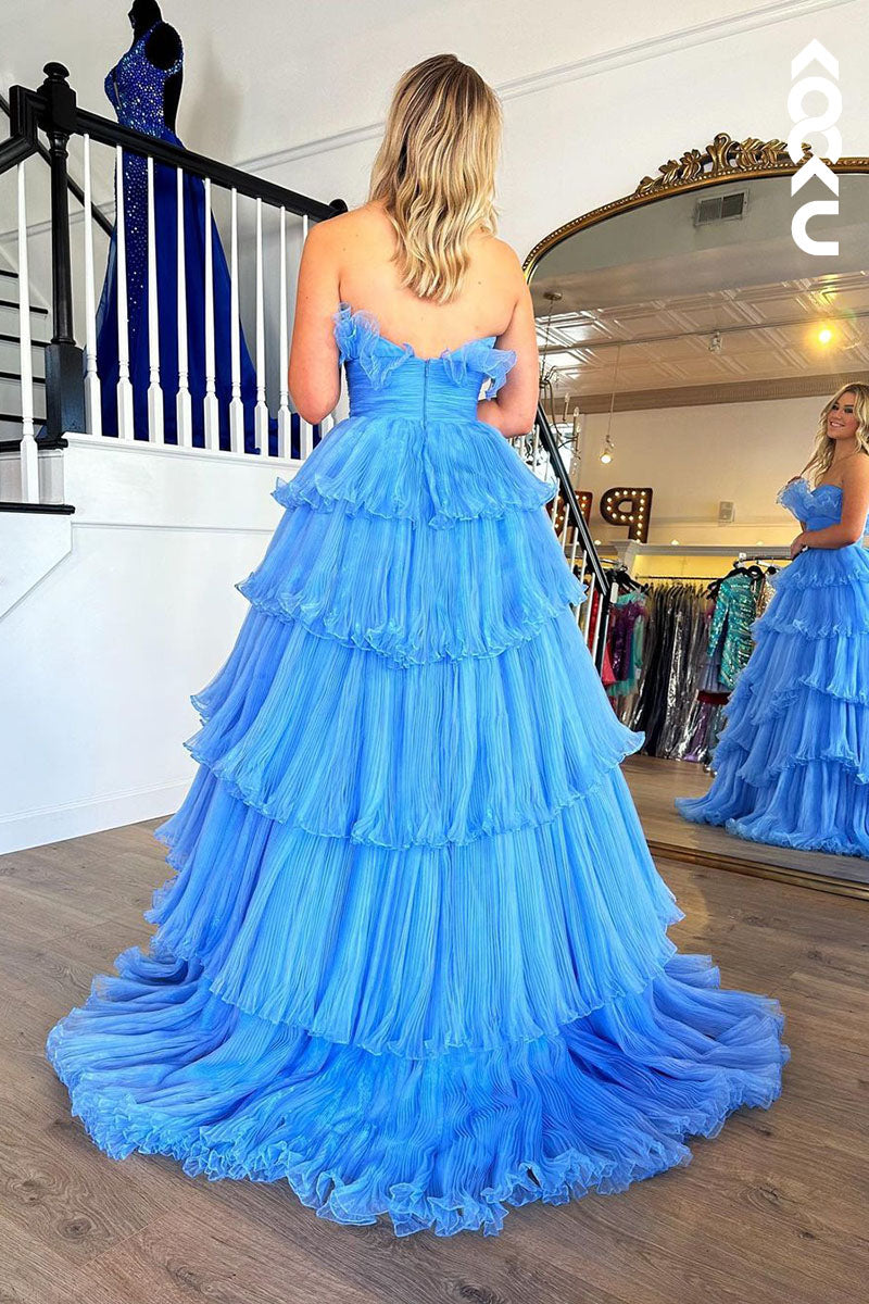 L1784 - Strapless Ruched Tulle A-Line Long Prom Gown With Sweep Train
