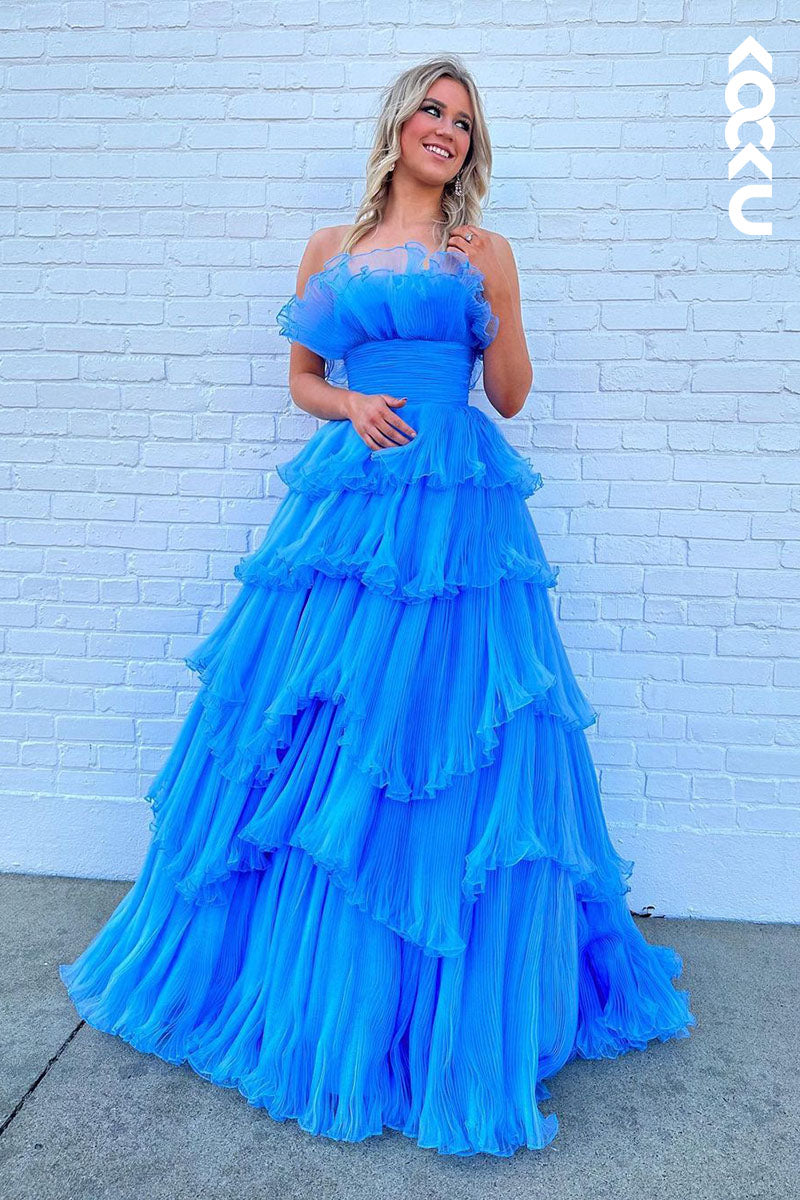 L1784 - Strapless Ruched Tulle A-Line Long Prom Gown With Sweep Train