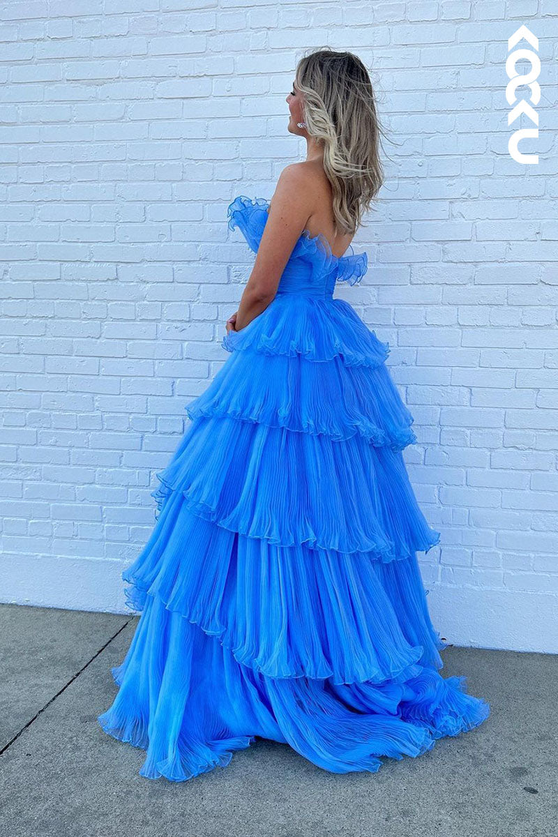 L1784 - Strapless Ruched Tulle A-Line Long Prom Gown With Sweep Train
