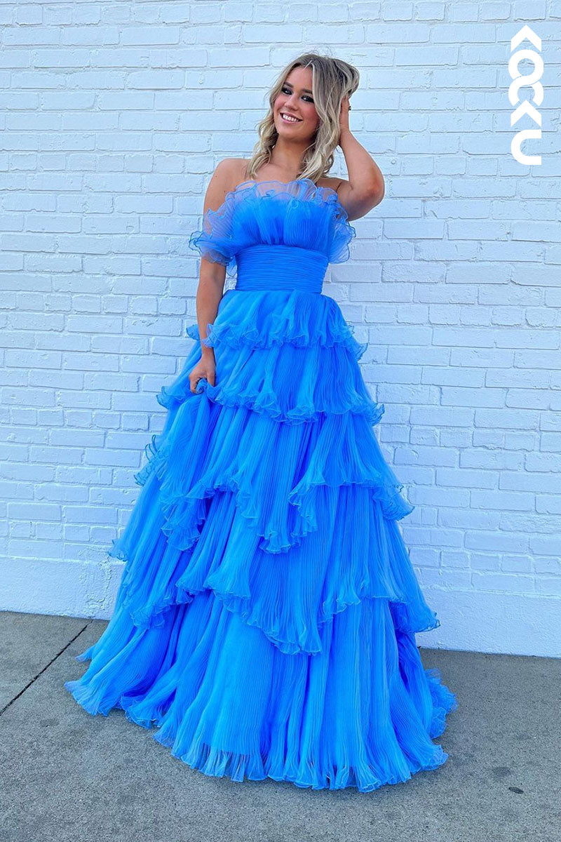 L1784 - Strapless Ruched Tulle A-Line Long Prom Gown With Sweep Train