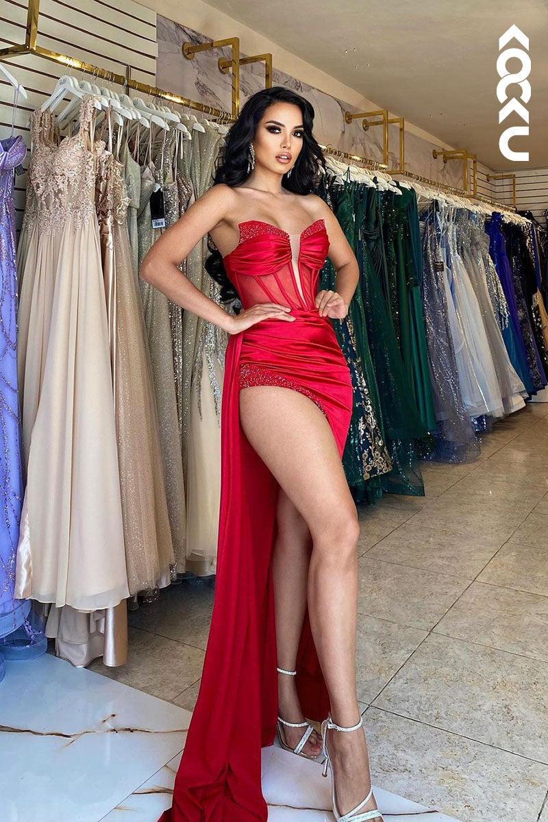 L1785 - Low V-Neck Strapless Sheer Ruched Sheath Long Prom Gown