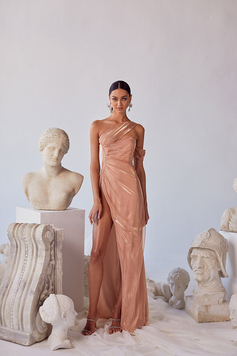 L1787 - One Shoulder Sleeveless Sparkly Ruched Sheath Long Prom Formal Gown