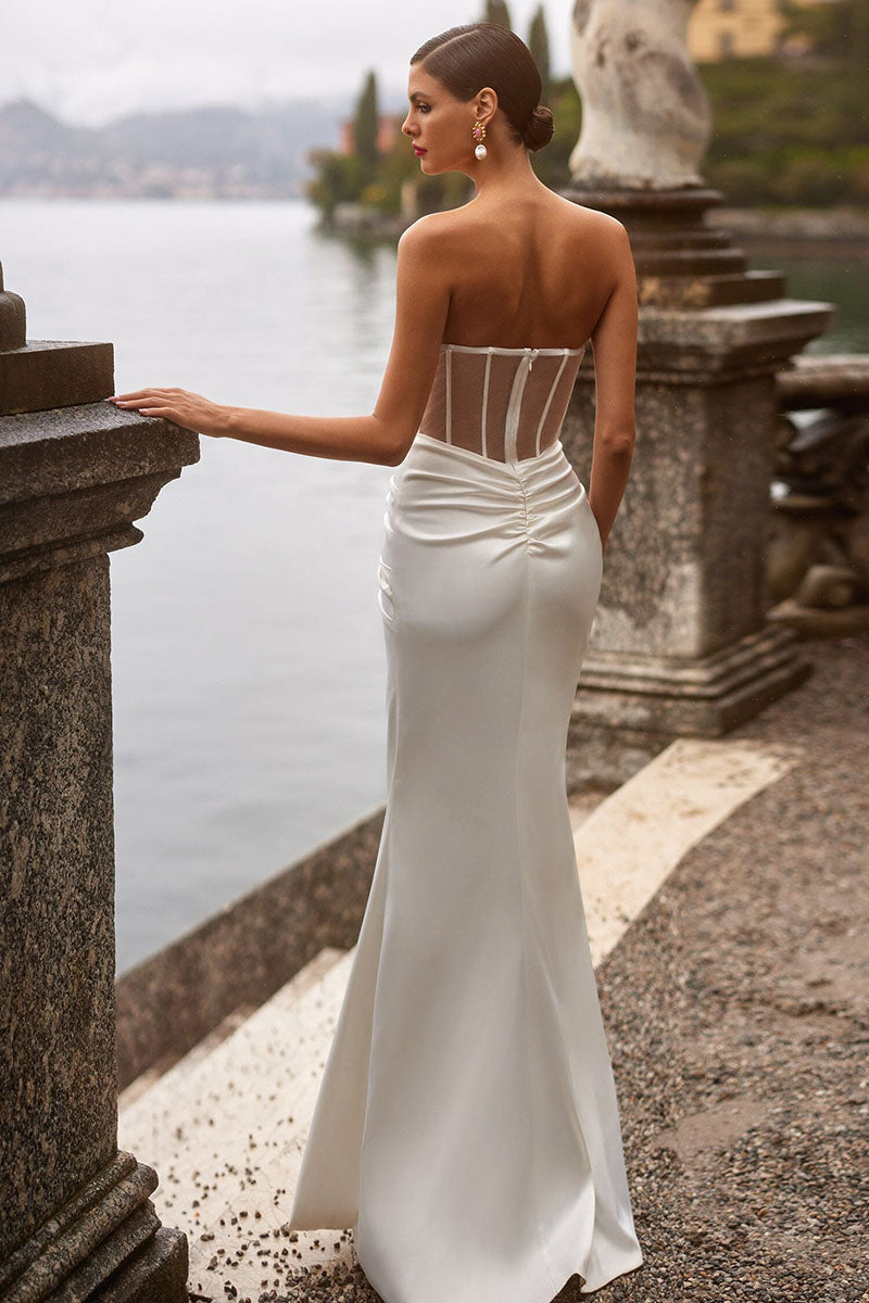 L1791 - Strapless Sheer Ruched Satin Sheath Long Prom Formal Gown With Slit