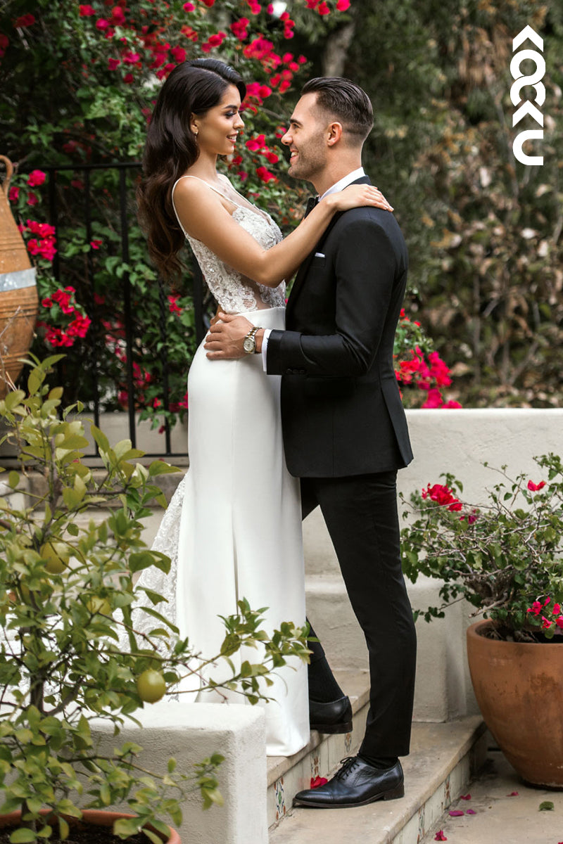 K1806 - Sweetheart Spaghetti Straps Sheer Lace Satin Mermaid Long Wedding Dress