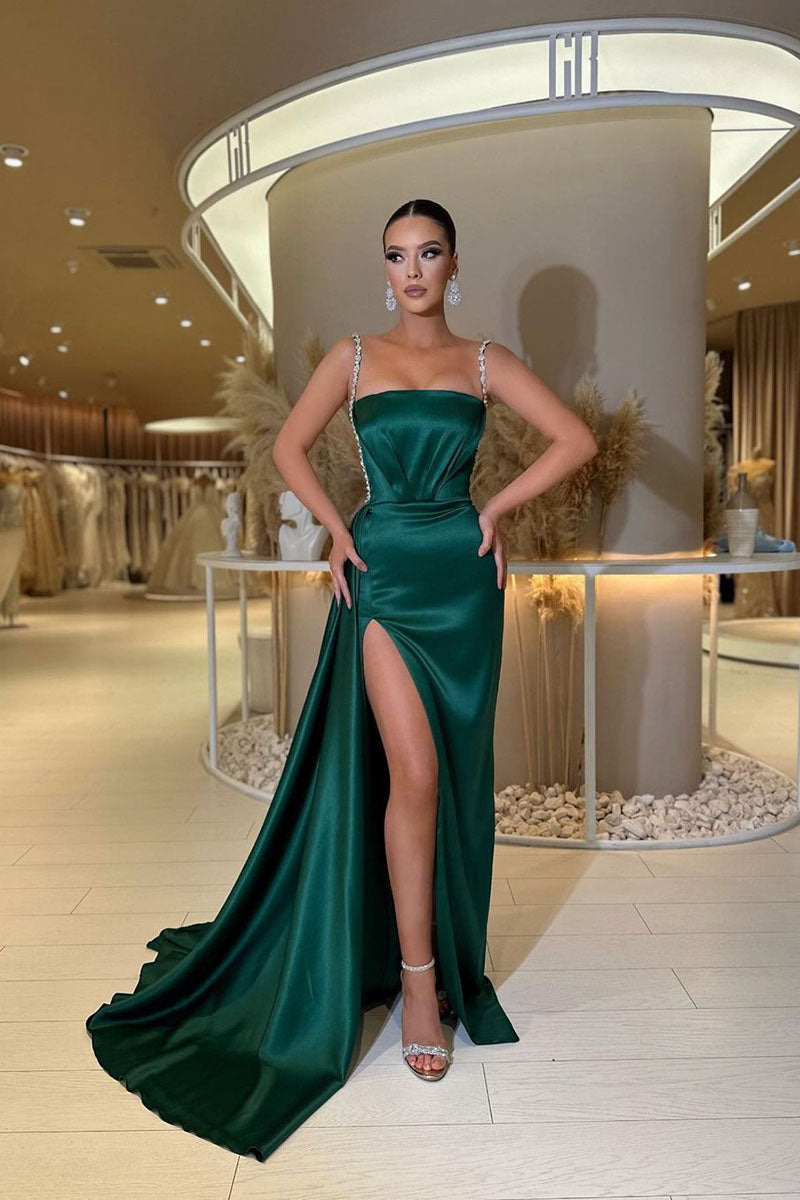 L1807 - Square Neck Beaded Ruched Satin Sheath Prom Evening Gown With Slit