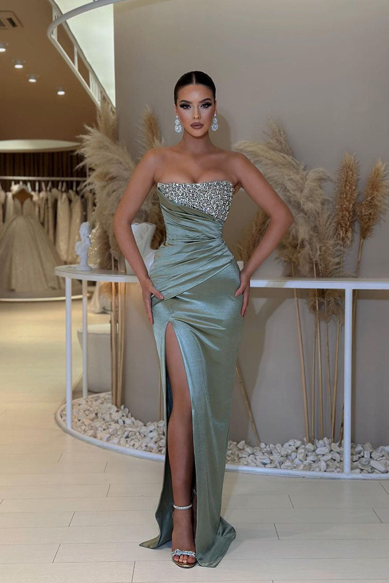 L1812 - Strapless Sequined Ruched Satin Sheath Long Prom Evening Gown