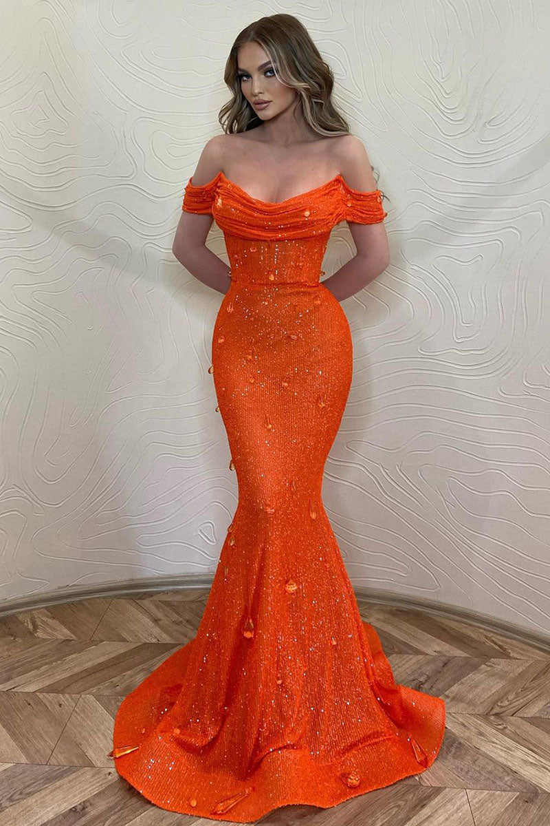 L1822 - Off-Shoulder Sequined Ruched Beaded Mermaid Long Prom Gown
