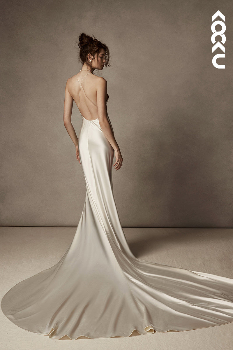 K1823 - Spaghetti Straps Satin Tulle Mermaid Long Wedding Dress With Sweep Train