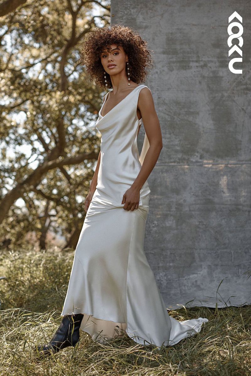 K1830 - Scoop Sleeveless Backless Satin Sheath Long Wedding Dress With Sweep Train