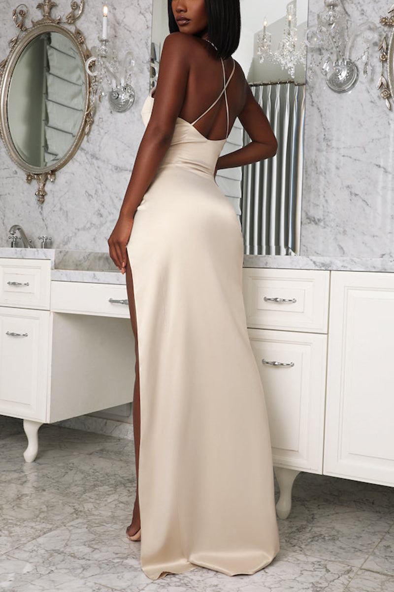 L1839 - V-Neck Spaghetti Straps Ruched Satin Sheath Long Formal Evening Gown