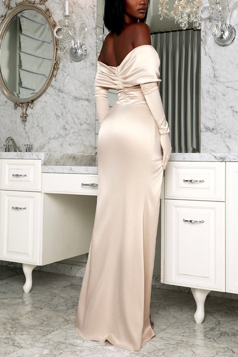 L1845 - V-Neck Off-Shoulder Ruched Satin Sheath Long Formal Evening Gown