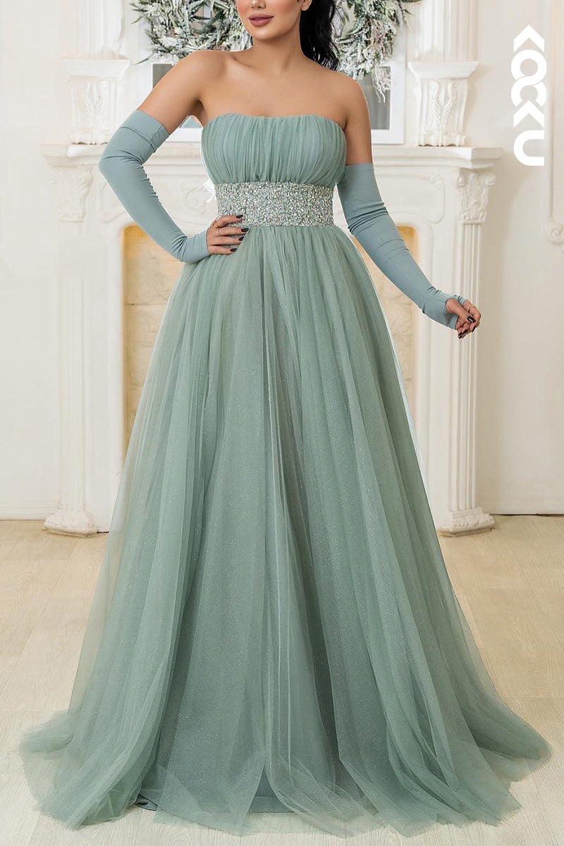 L1883 - Strapless Sleeveless Sequined Ruched Tulle A-Line Long Wedding Dress