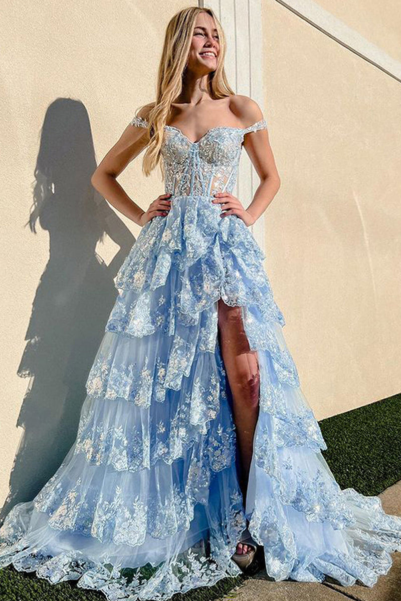 L1932 - Off-Shoulder Sequined Appliqued Sheer Tulle A-Line Long Homecoming Dress