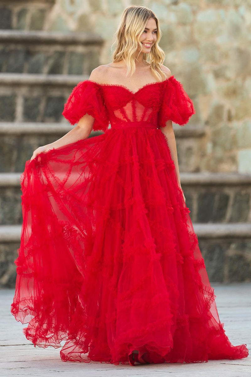 L1933 - Off-Shoulder Short Sleeves Sheer Tulle A-Line Long Homecoming Dress