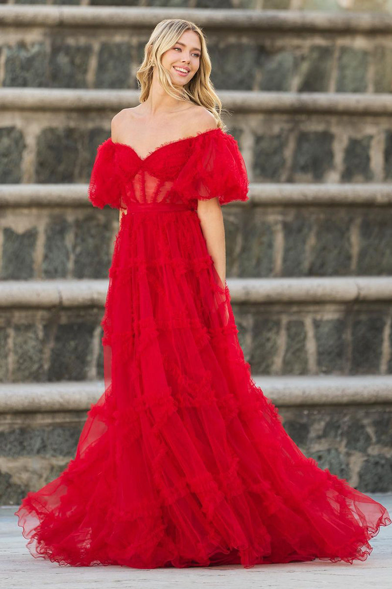 L1933 - Off-Shoulder Short Sleeves Sheer Tulle A-Line Long Homecoming Dress