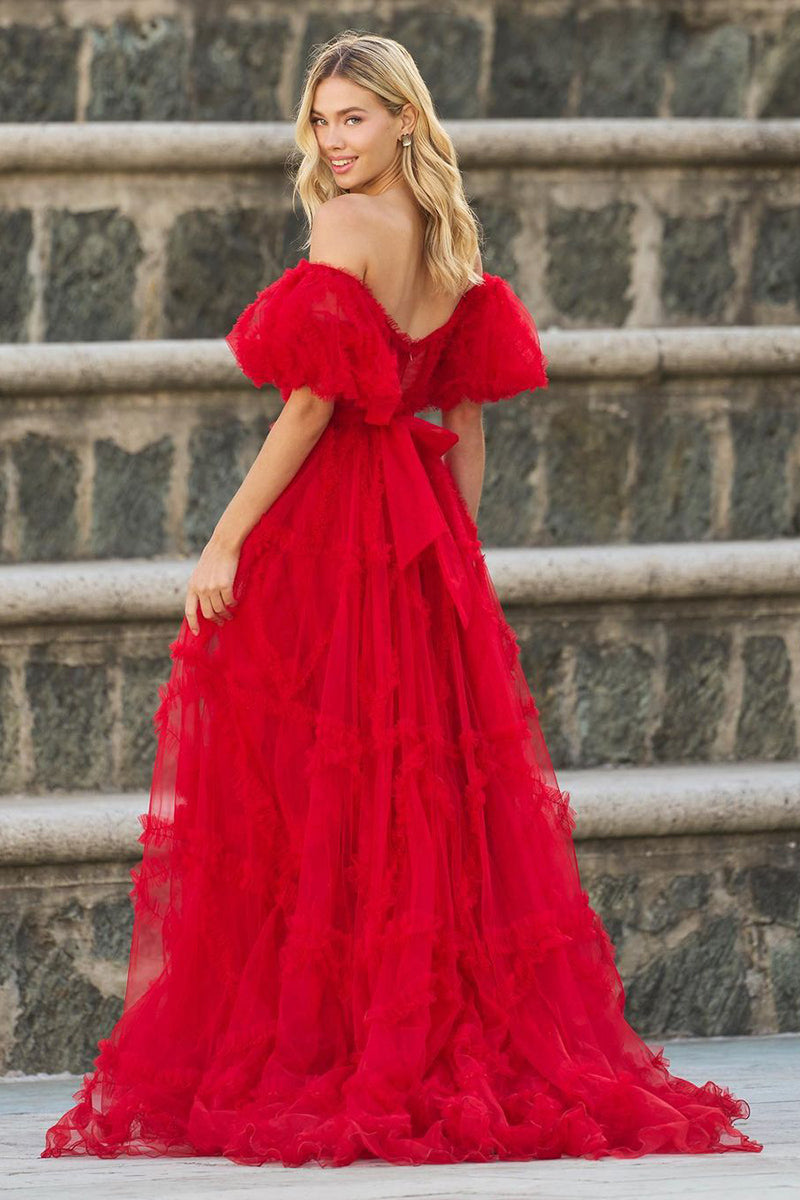 L1933 - Off-Shoulder Short Sleeves Sheer Tulle A-Line Long Homecoming Dress
