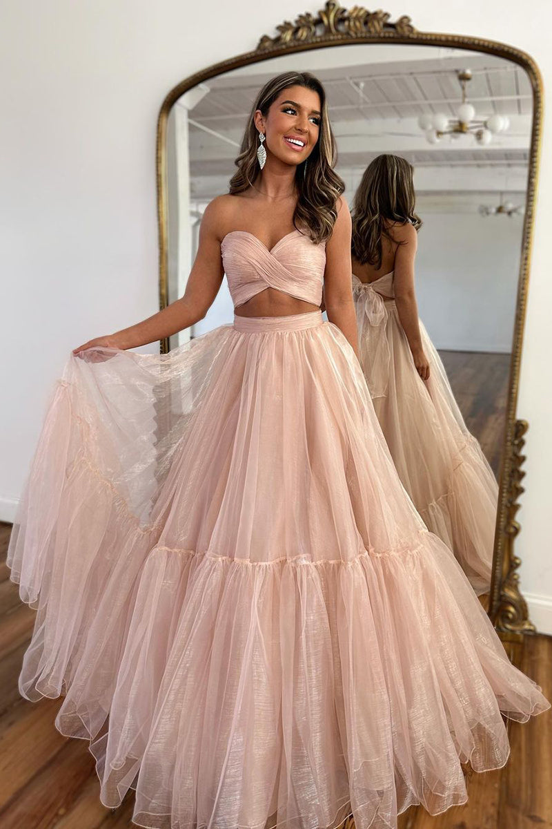 L1936 - Sweetheart Strapless Ruched Tulle A-Line Long Homecoming Court Dress