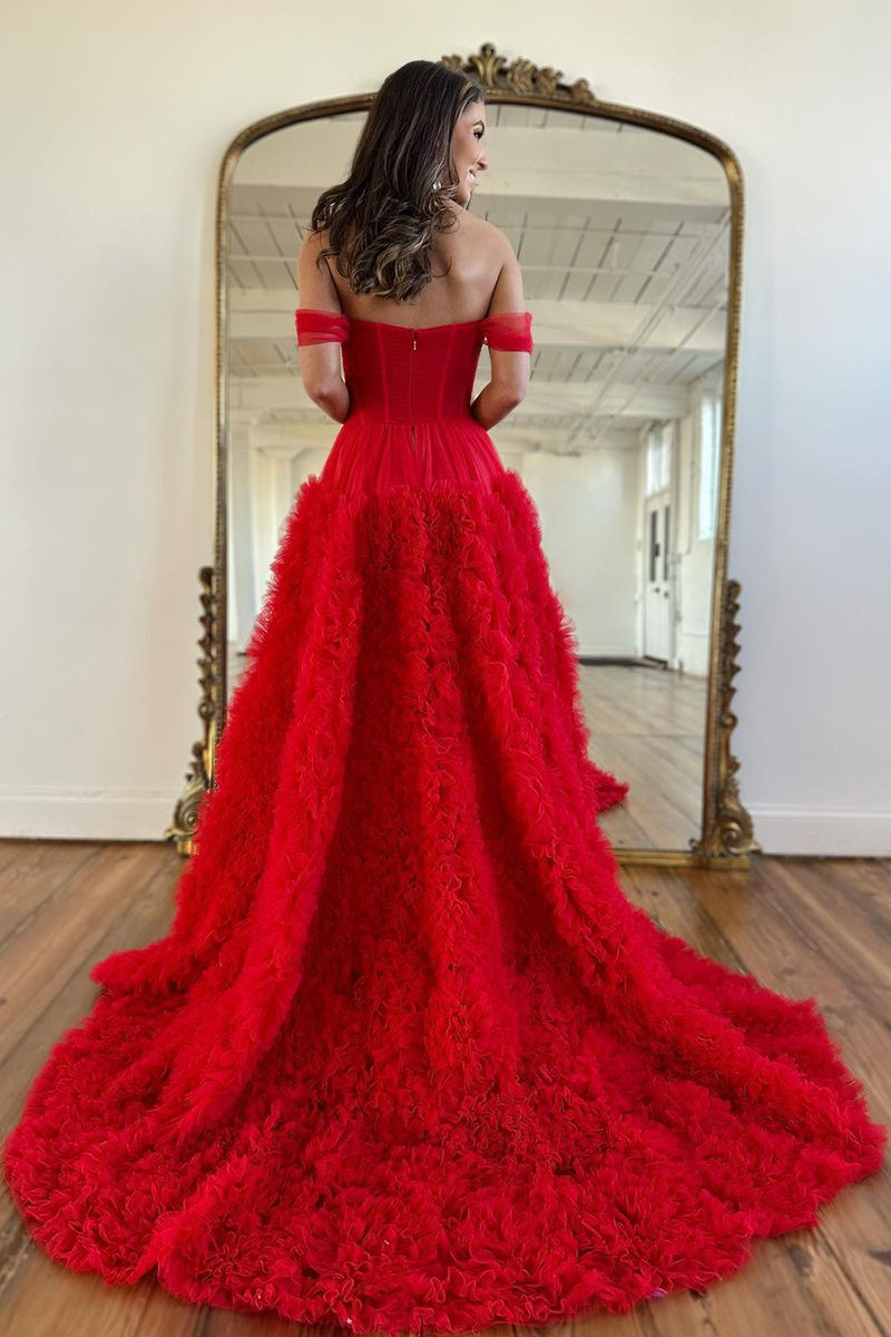 L1937 - Off-Shoulder Strapless Ruched Tulle A-Line Long Homecoming Court Dress