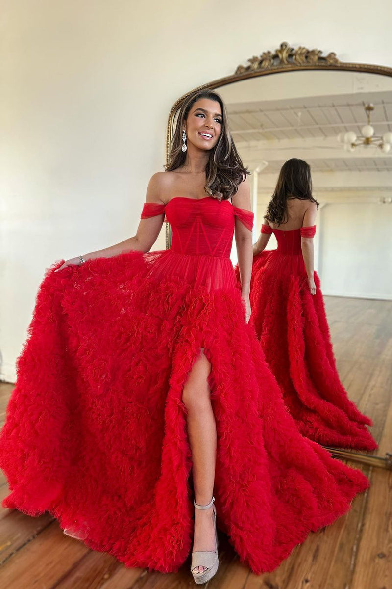 L1937 - Off-Shoulder Strapless Ruched Tulle A-Line Long Homecoming Court Dress