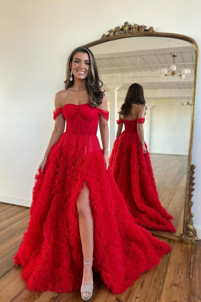 L1937 - Off-Shoulder Strapless Ruched Tulle A-Line Long Homecoming Court Dress