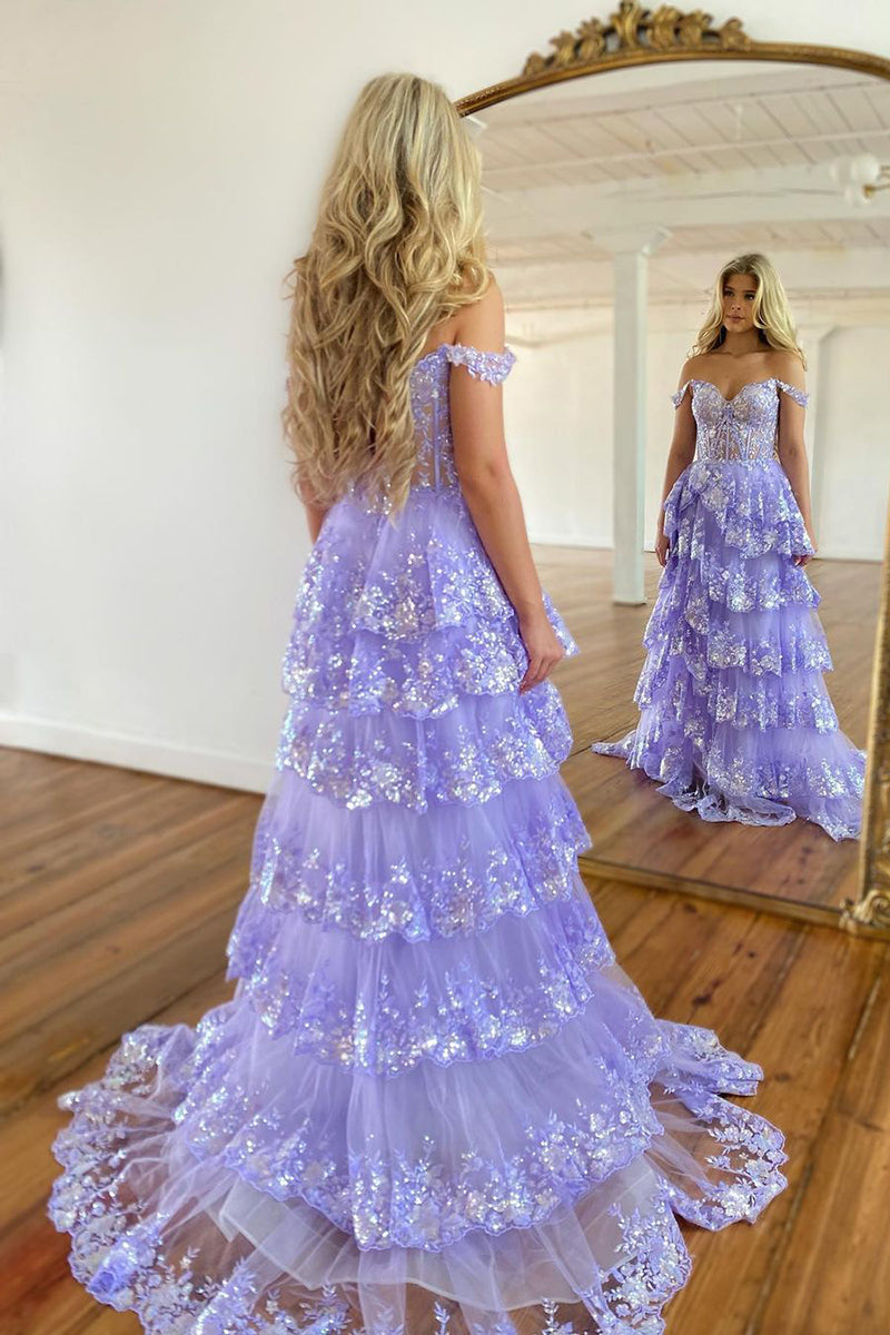 L1938 - Off-Shoulder Sequined Appliqued Sheer Tulle A-Line Long Homecoming Dress