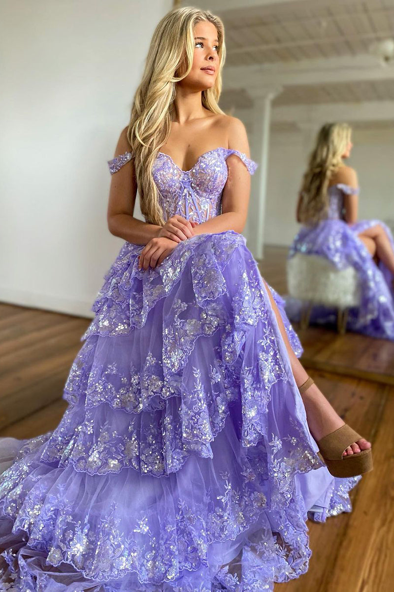 L1938 - Off-Shoulder Sequined Appliqued Sheer Tulle A-Line Long Homecoming Dress