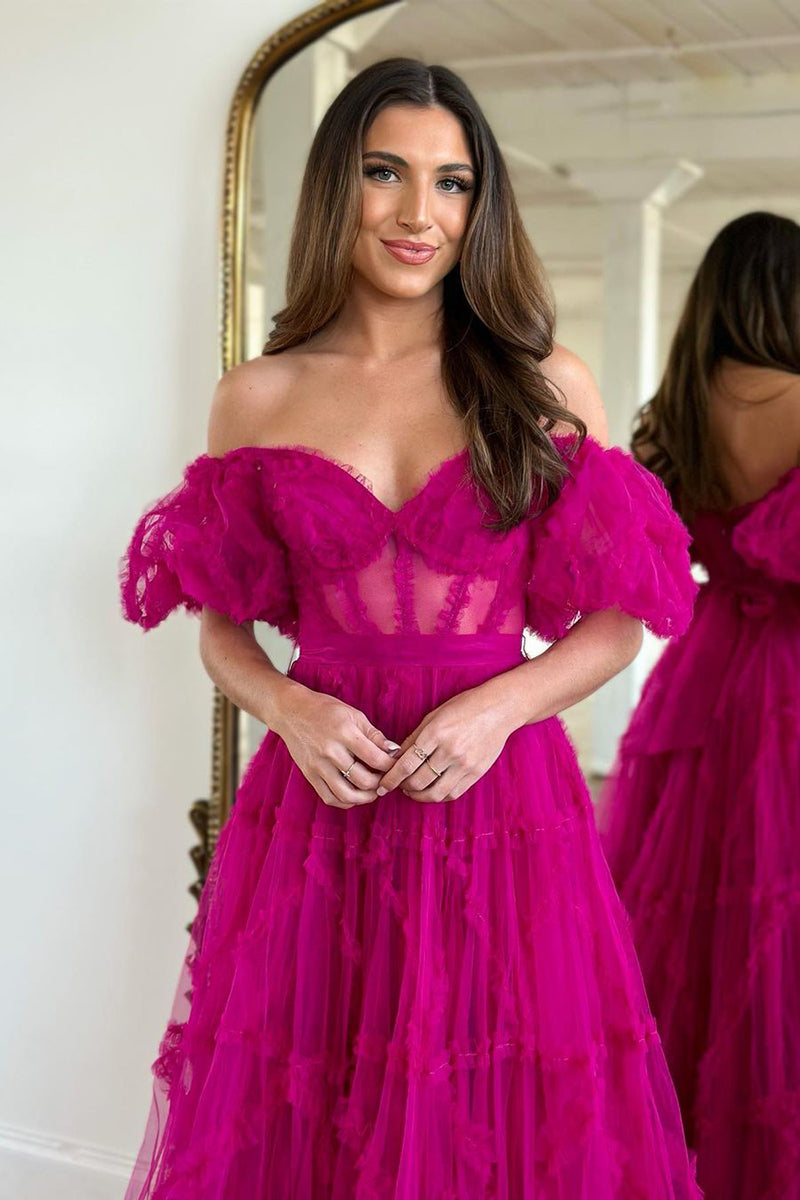 L1940 - Off-Shoulder Short Sleeves Sheer Tulle A-Line Long Homecoming Dress