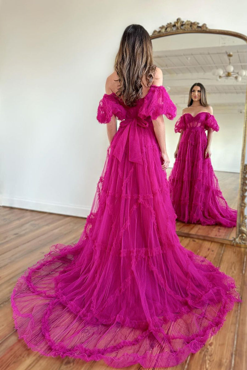 L1940 - Off-Shoulder Short Sleeves Sheer Tulle A-Line Long Homecoming Dress