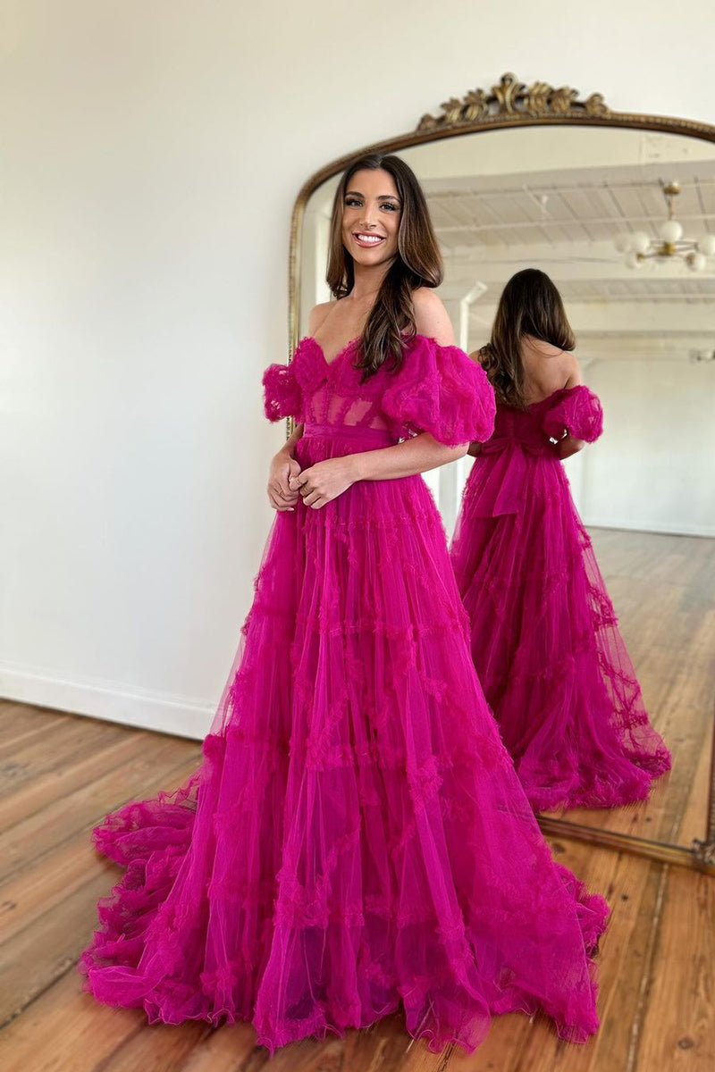 L1940 - Off-Shoulder Short Sleeves Sheer Tulle A-Line Long Homecoming Dress