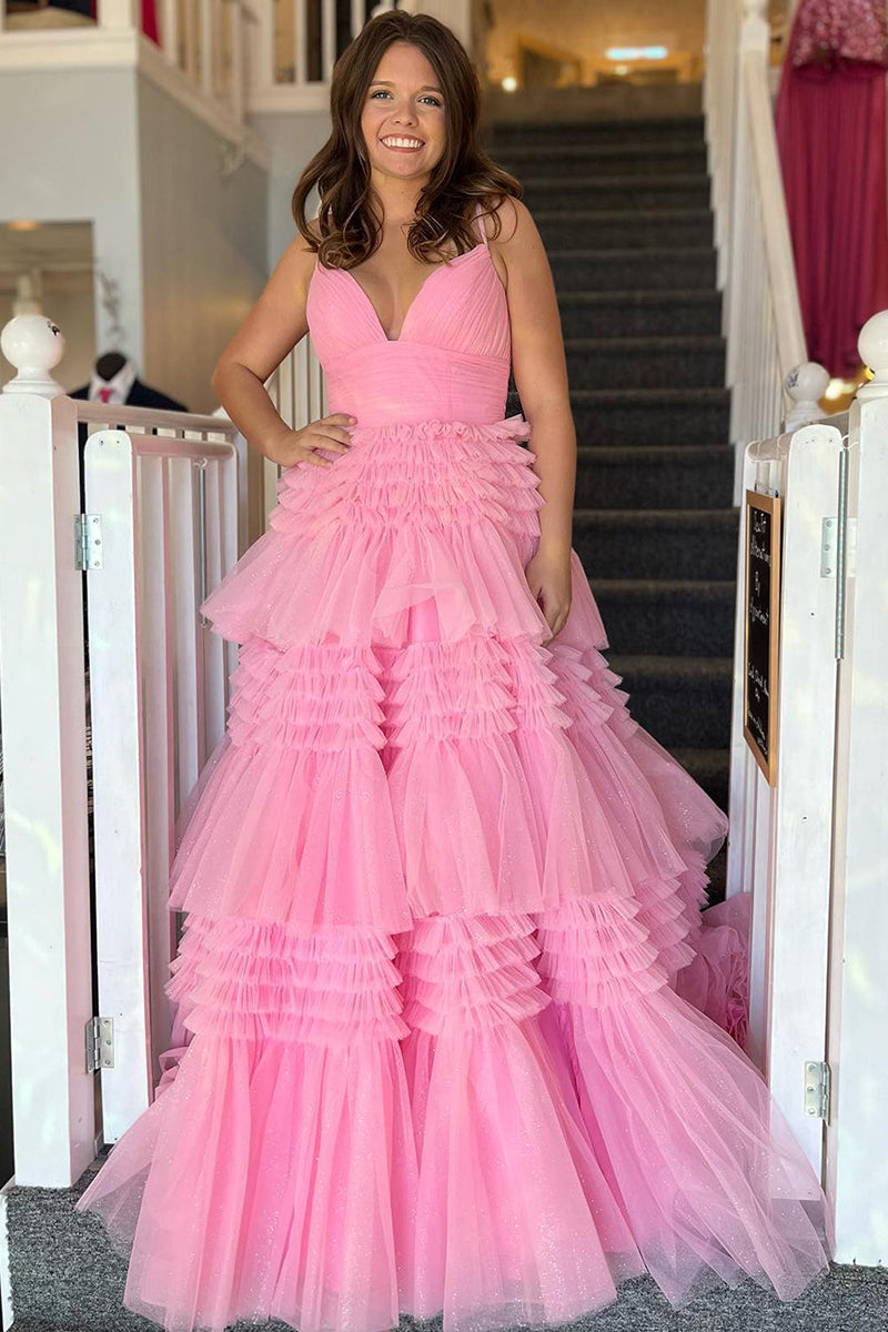 L1941 - V-Neck Spaghetti Straps Ruched Tulle A-Line Long Homecoming Court Dress
