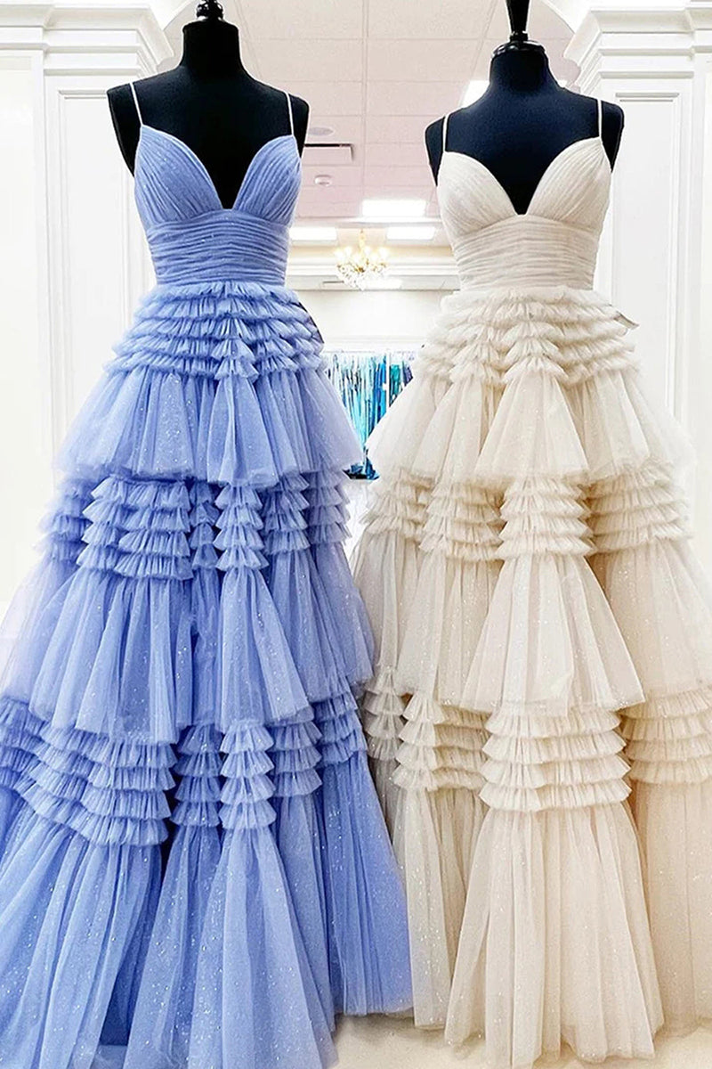 L1941 - V-Neck Spaghetti Straps Ruched Tulle A-Line Long Homecoming Court Dress