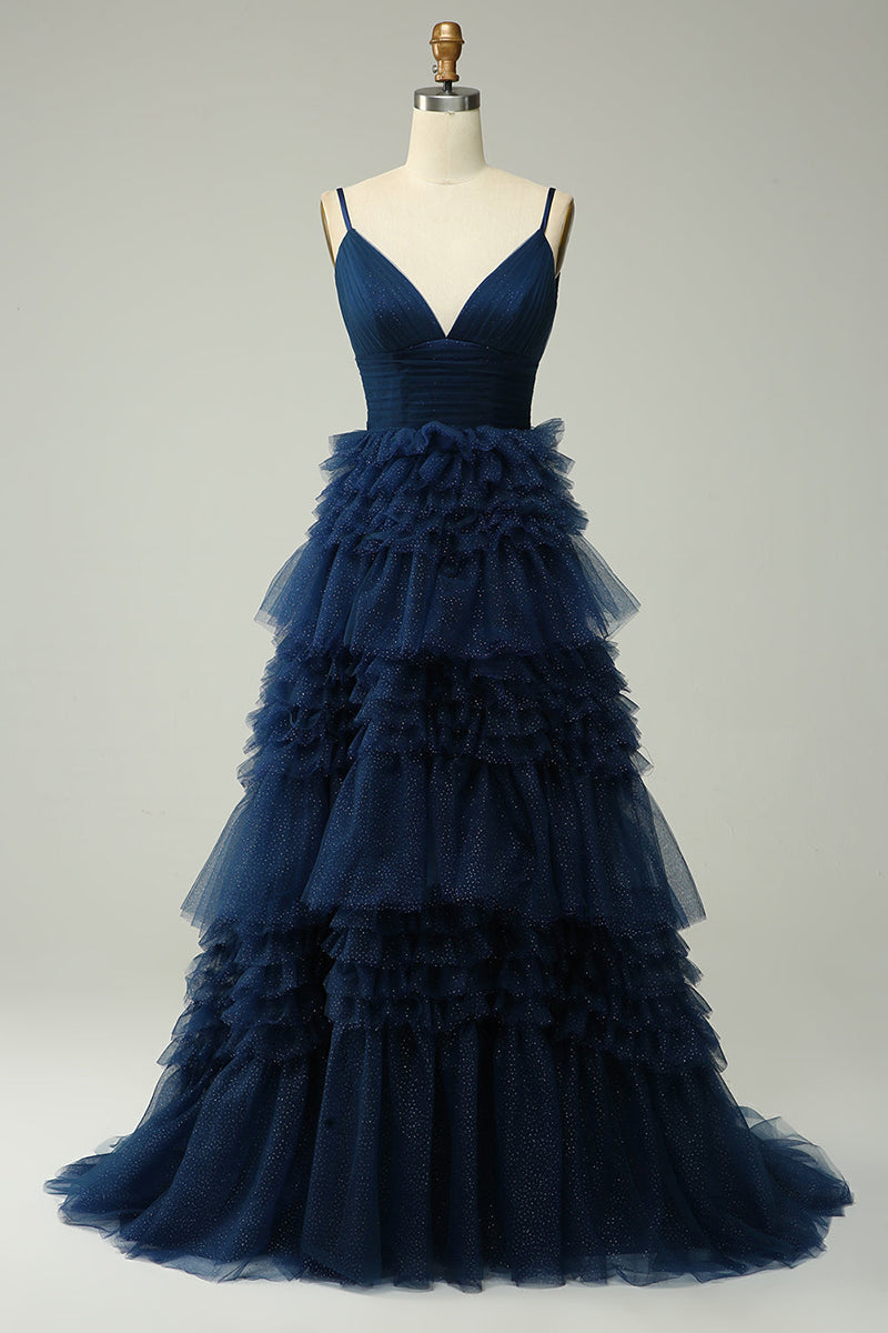 L1941 - V-Neck Spaghetti Straps Ruched Tulle A-Line Long Homecoming Court Dress