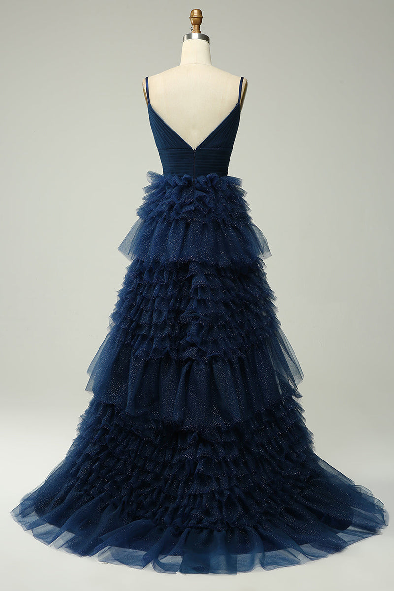 L1941 - V-Neck Spaghetti Straps Ruched Tulle A-Line Long Homecoming Court Dress