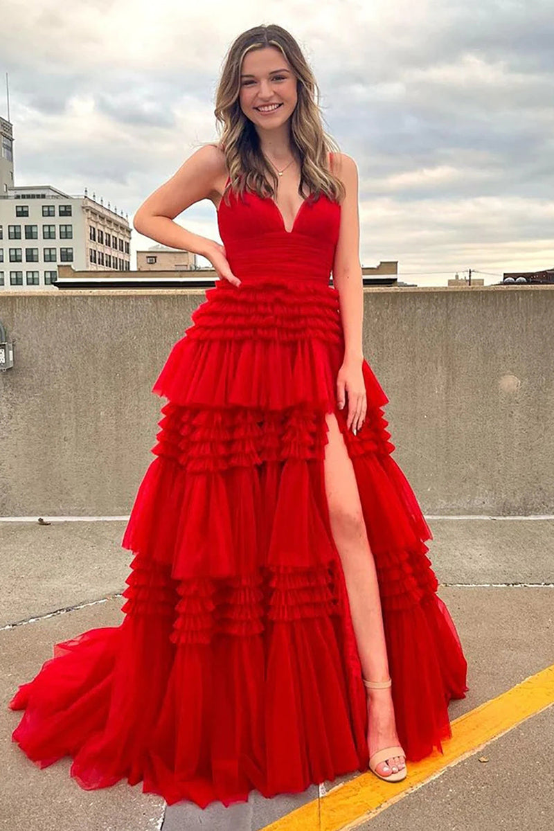 L1941 - V-Neck Spaghetti Straps Ruched Tulle A-Line Long Homecoming Court Dress